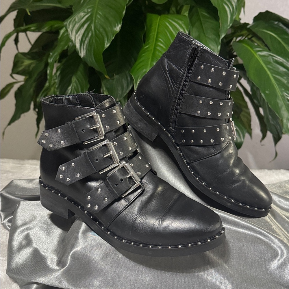 ASOS Asher Studded Black Smooth Leather Buckle Ankle Boots - Women's UK 4 / US 6